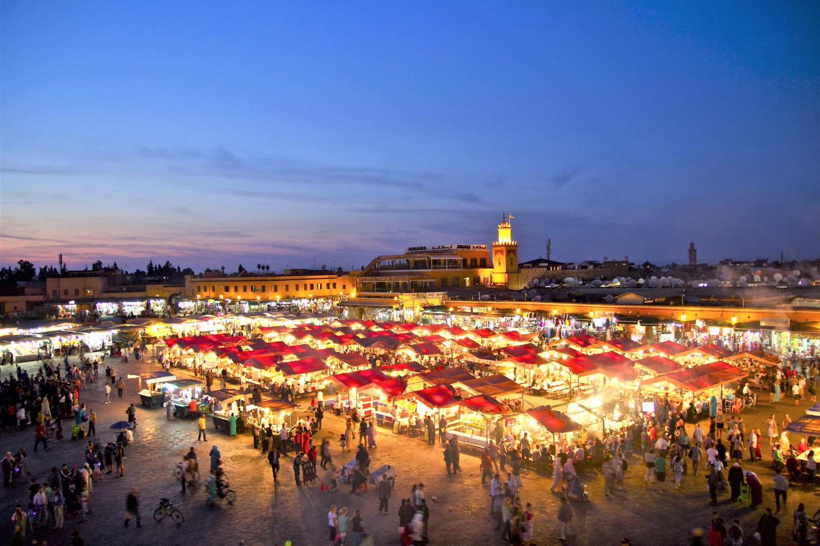 Night time view of Djemaa el-Fna in Marrakech, Morocco
