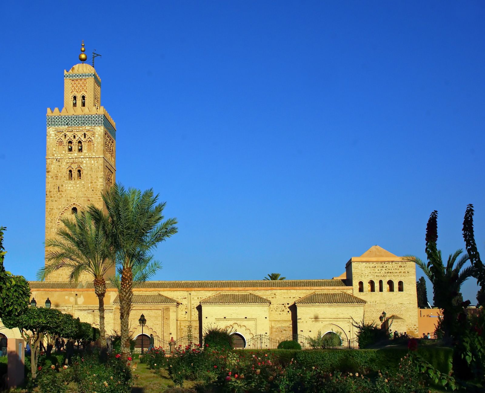 The Koutoubia Mosque in Marrakech against a bright blue sky