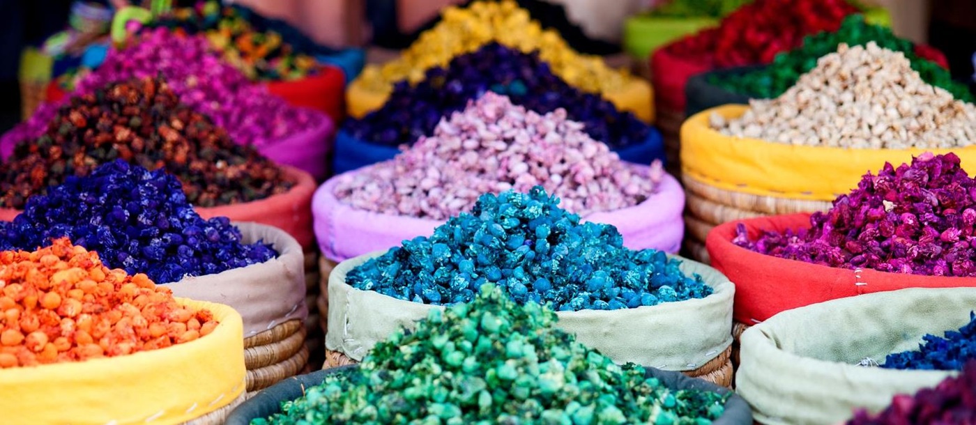 Colourful herbs and petals in a Marrakech market