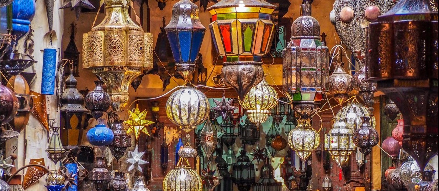 Elaborate lanterns on display in the Marrakech souq in Morocco