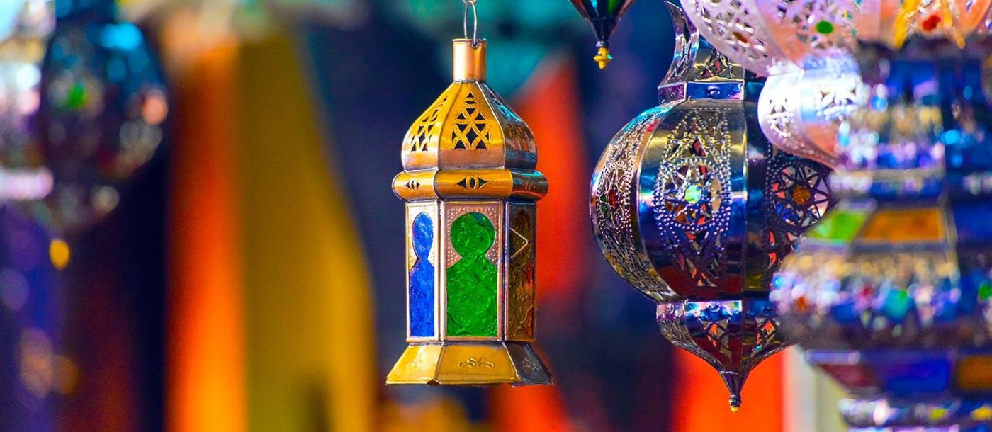 Coloured hanging lanterns at a Moroccan market