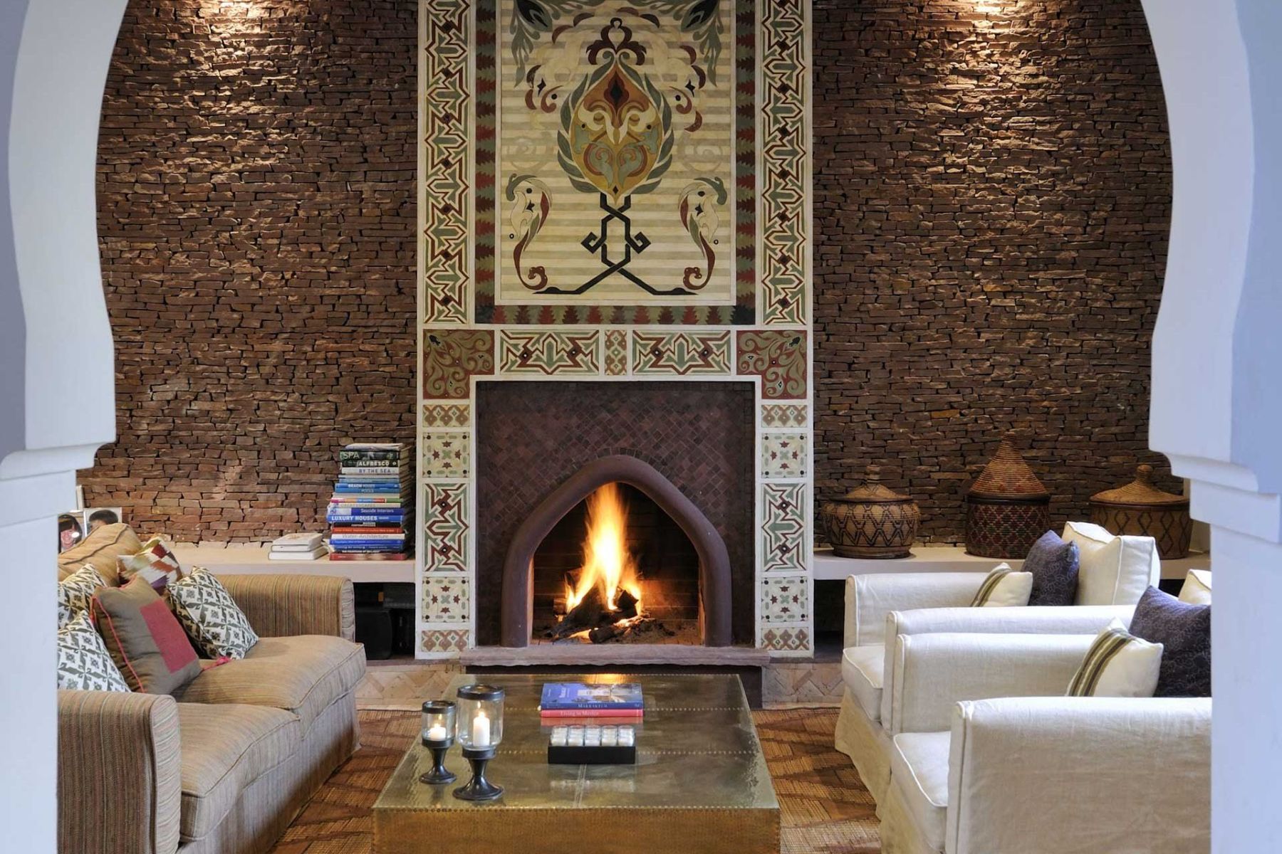 Fire place and sitting room at Villa Ezzahra in Morocco