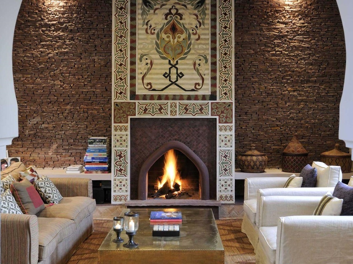 Fire place and sitting room at Villa Ezzahra in Morocco