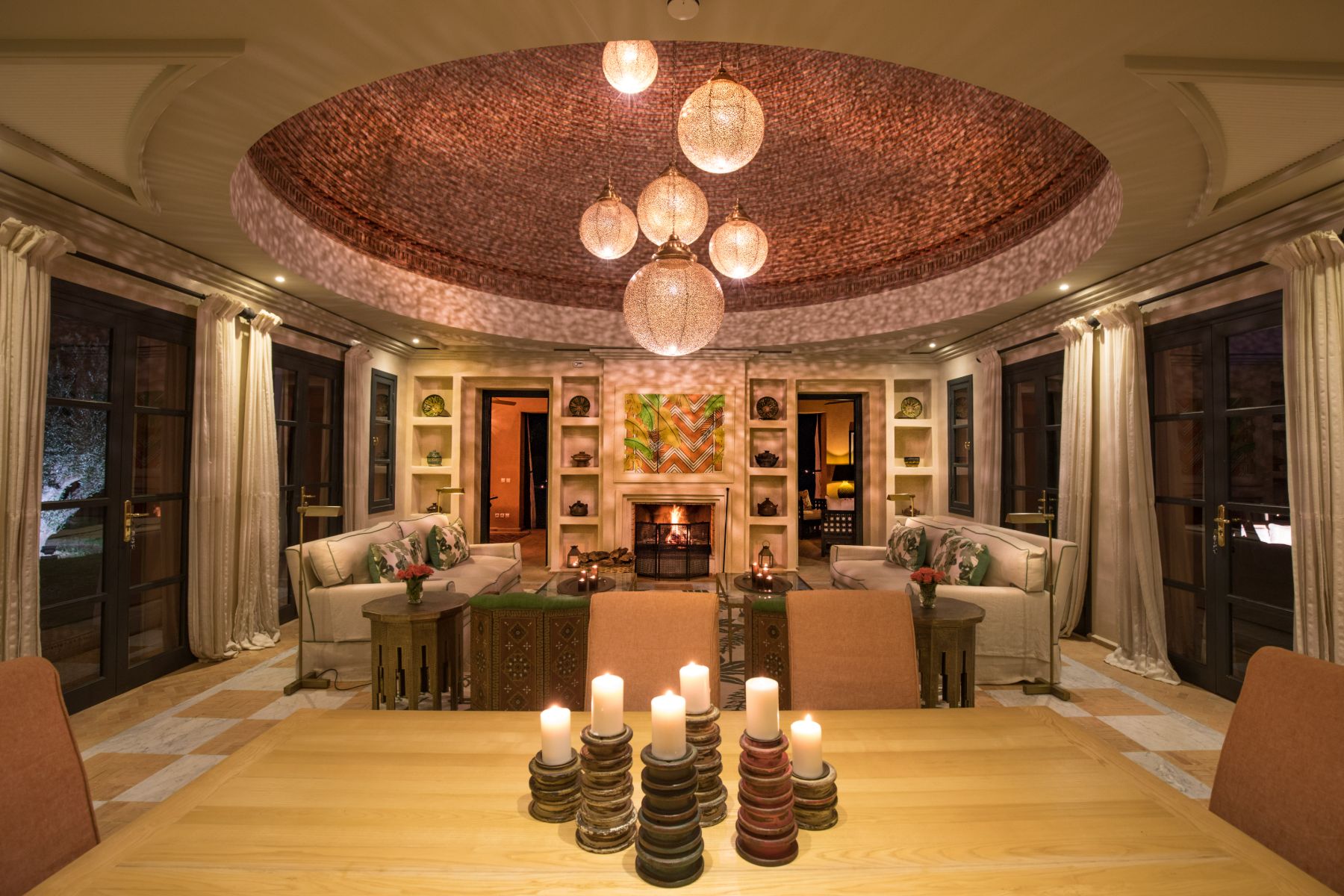 Seating area with ceiling lights at Villa Ezzahra in Morocco