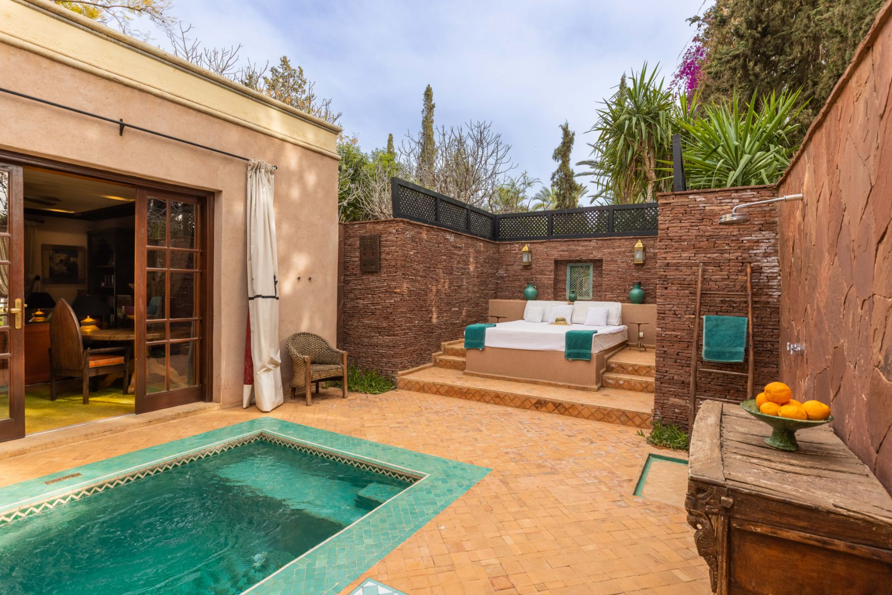 Pavilion pool and bed at Villa Ezzahra in Morocco