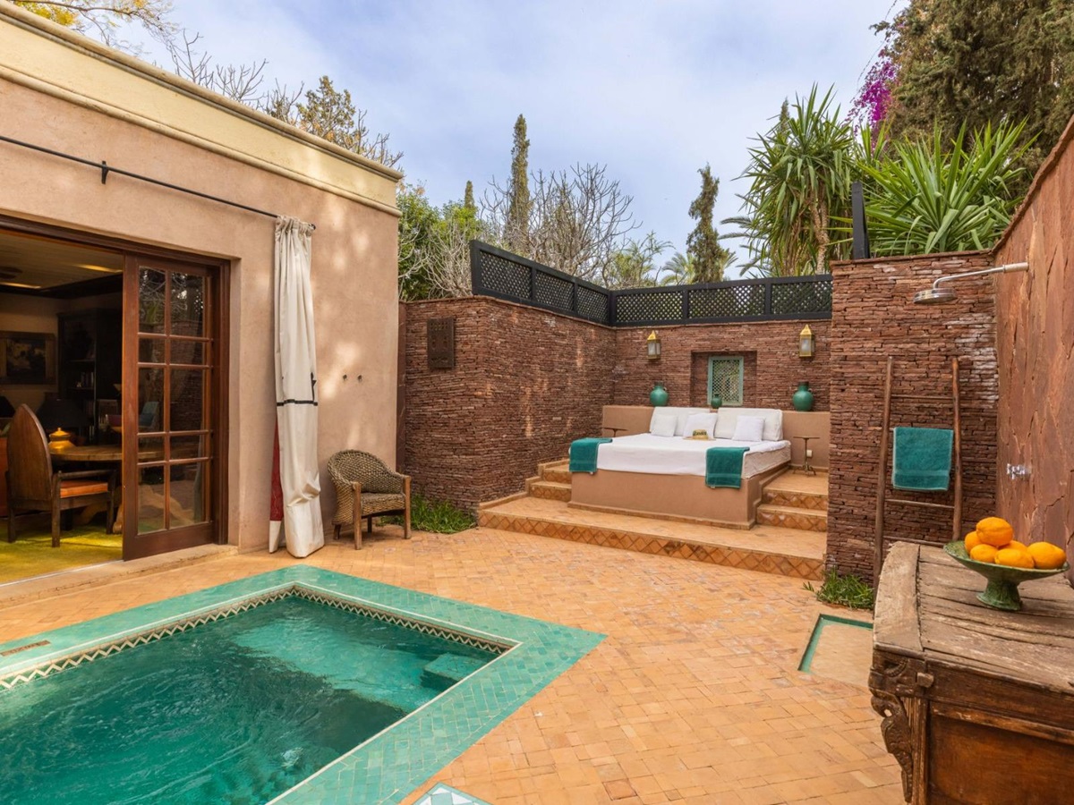 Pavilion pool and bed at Villa Ezzahra in Morocco