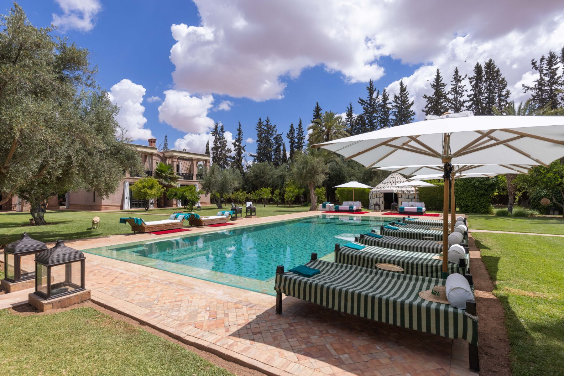 Main pool and sunloungers at Villa Ezzahra in Morocco