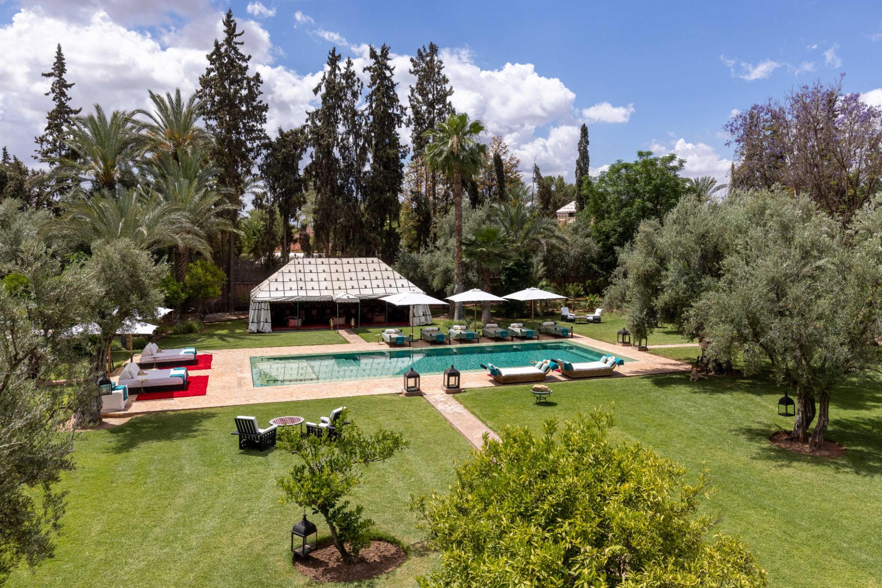 High angle view of pool and tent at Villa Ezzahra in Morocco
