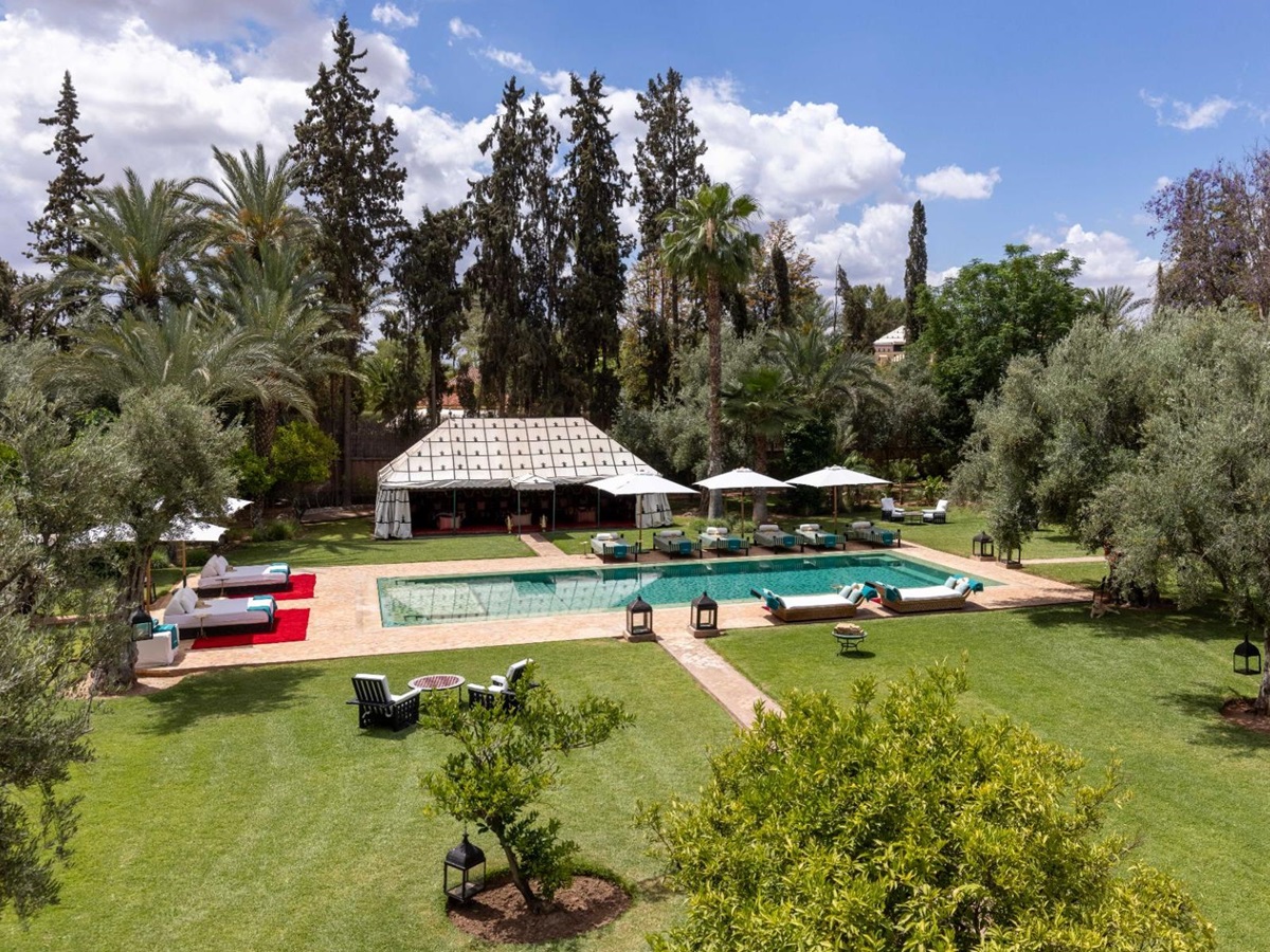 High angle view of pool and tent at Villa Ezzahra in Morocco