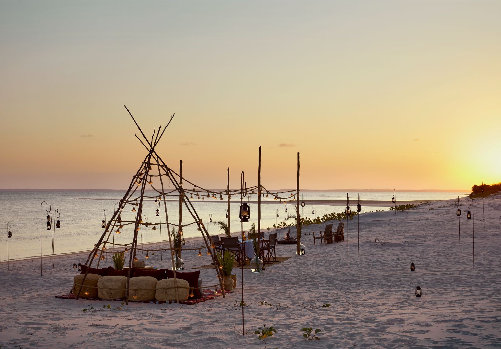 Sunset seating setup on the beach at Kisawa Sanctuary on the southern tip of Benguerra Island in Mozambique