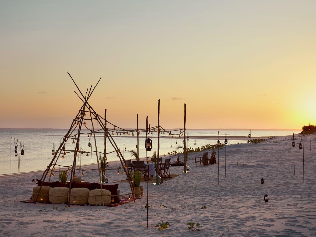 Sunset seating setup on the beach at Kisawa Sanctuary on the southern tip of Benguerra Island in Mozambique