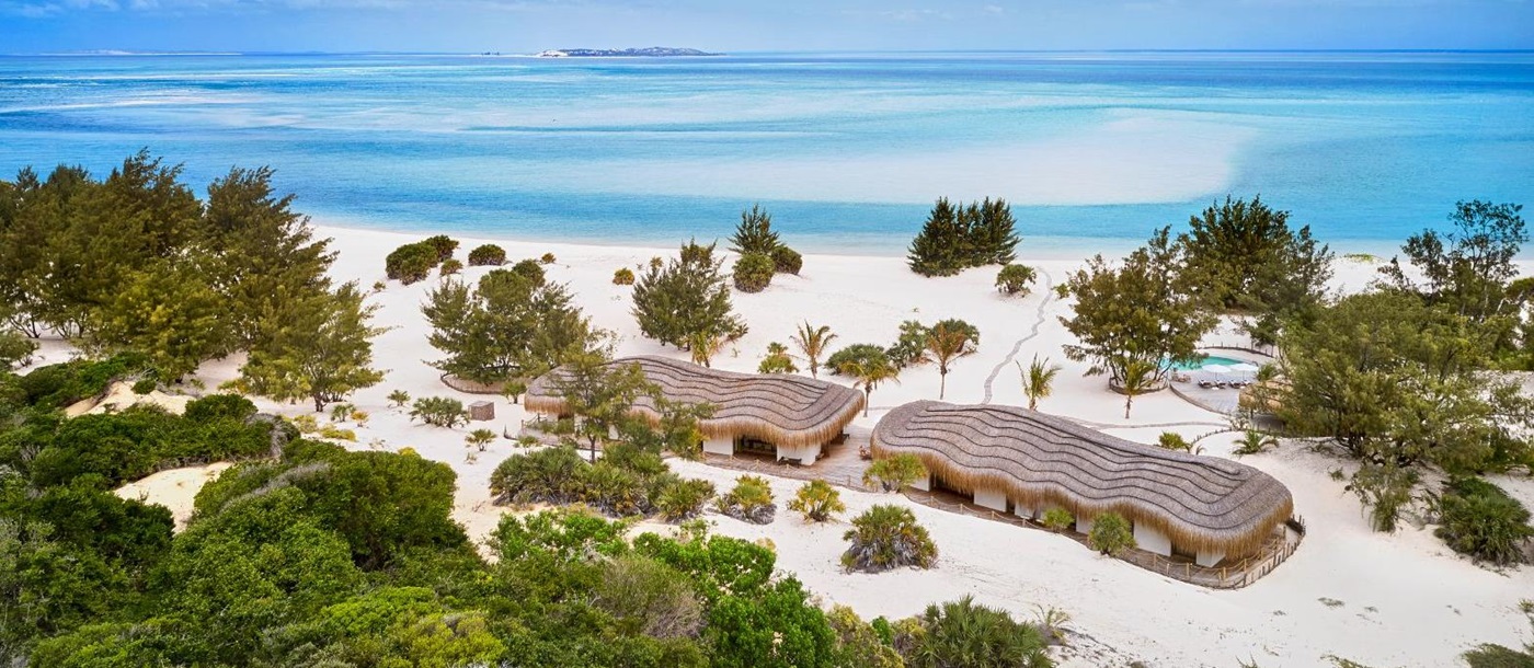 Aerial view of guest bungalows at Kisawa Sanctuary on the southern tip of Benguerra Island in Mozambique