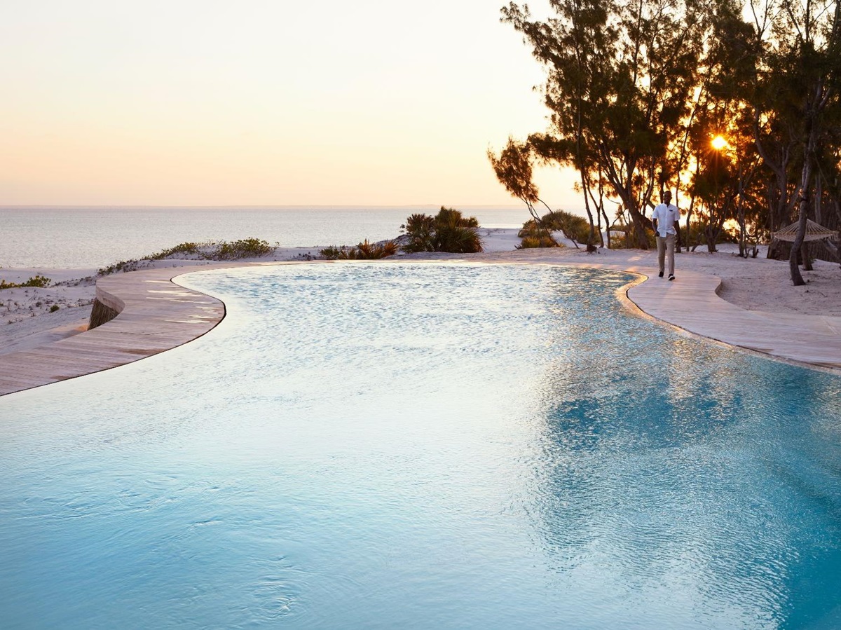 Lagoon pool overlooking the ocean at Kisawa Sanctuary on the southern tip of Benguerra Island in Mozambique