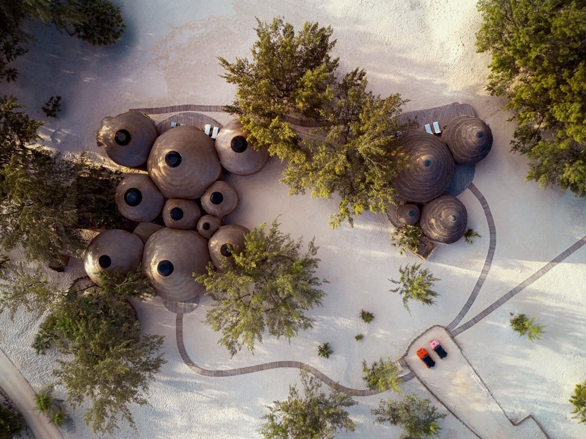 Aerial view of the Natural Wellness Centre at Kisawa Sanctuary on the southern tip of Benguerra Island in Mozambique