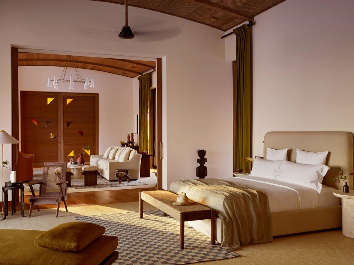 Guest suite bedroom at Kisawa Sanctuary on the southern tip of Benguerra Island in Mozambique