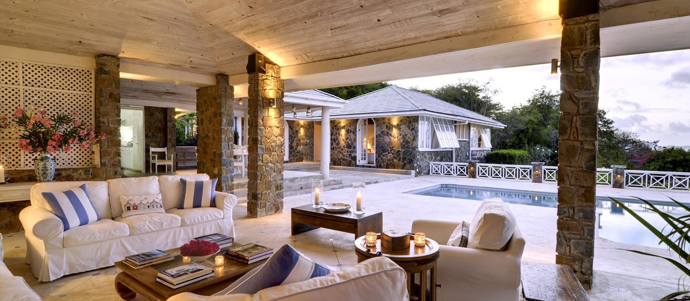 Covered seating area at Baliceaux, Mustique