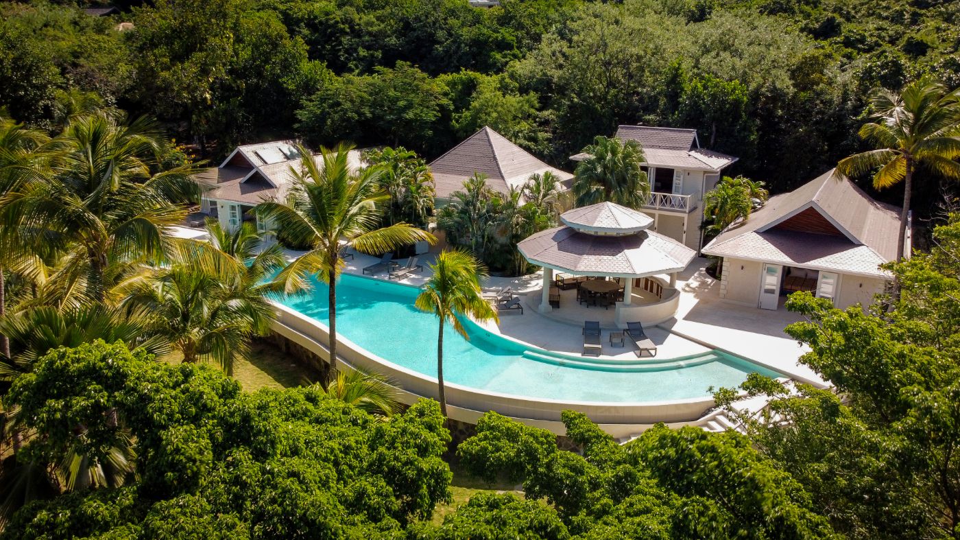 Aerial view of Bamboo House and the pool and gardens