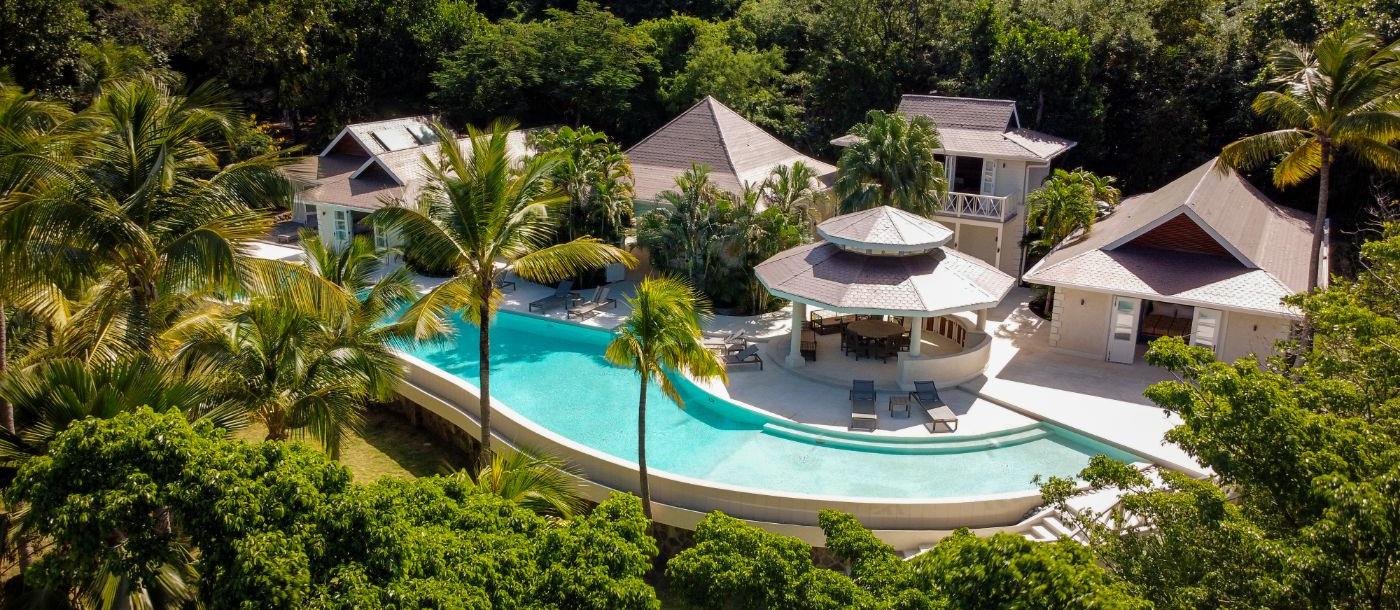 Aerial view of Bamboo House and the pool and gardens
