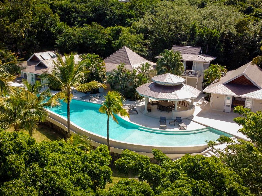 Aerial view of Bamboo House and the pool and gardens