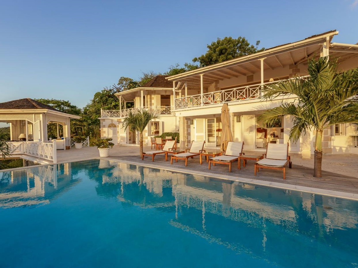 Evening view of the pool area at Callaloo