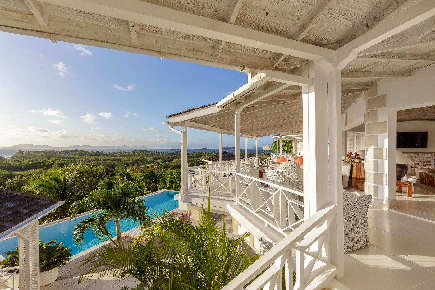 Terrace at Callaloo with views of the pool and gardens
