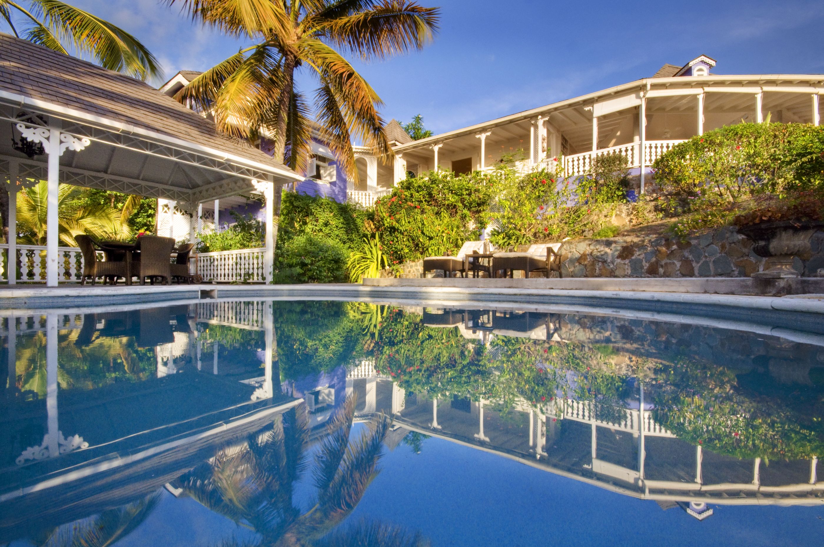 Swimming pool and facade of Gingerbread, Mustique