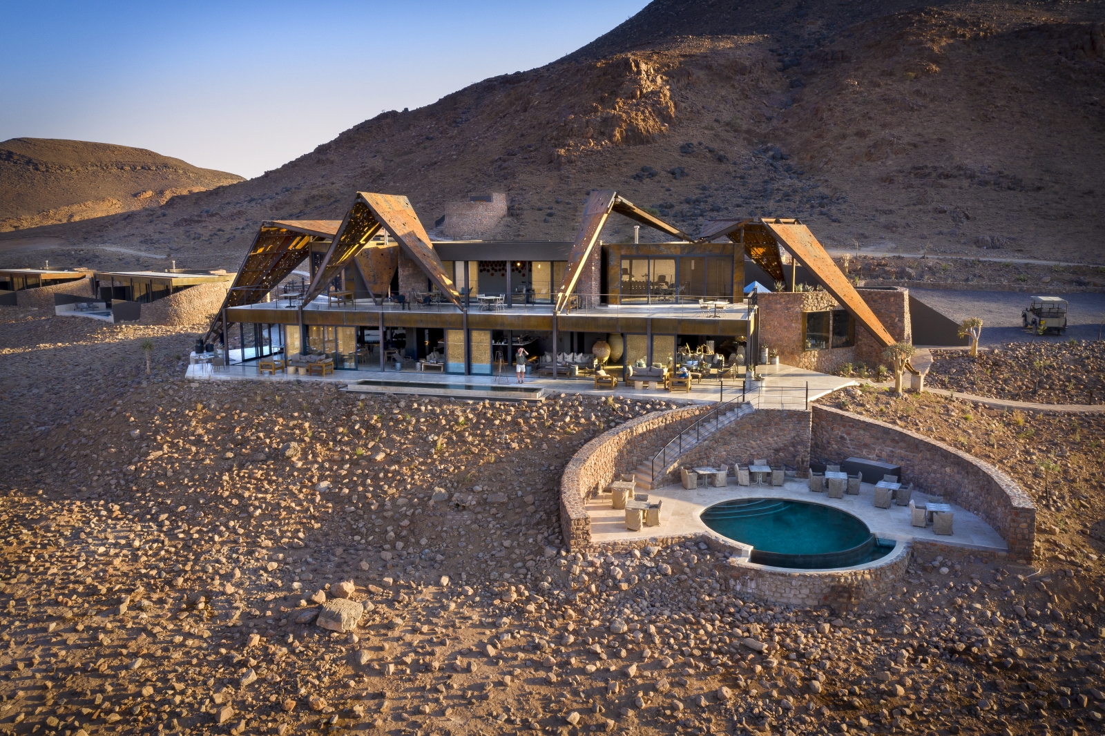 Aerial View of the main lodge at sunrise