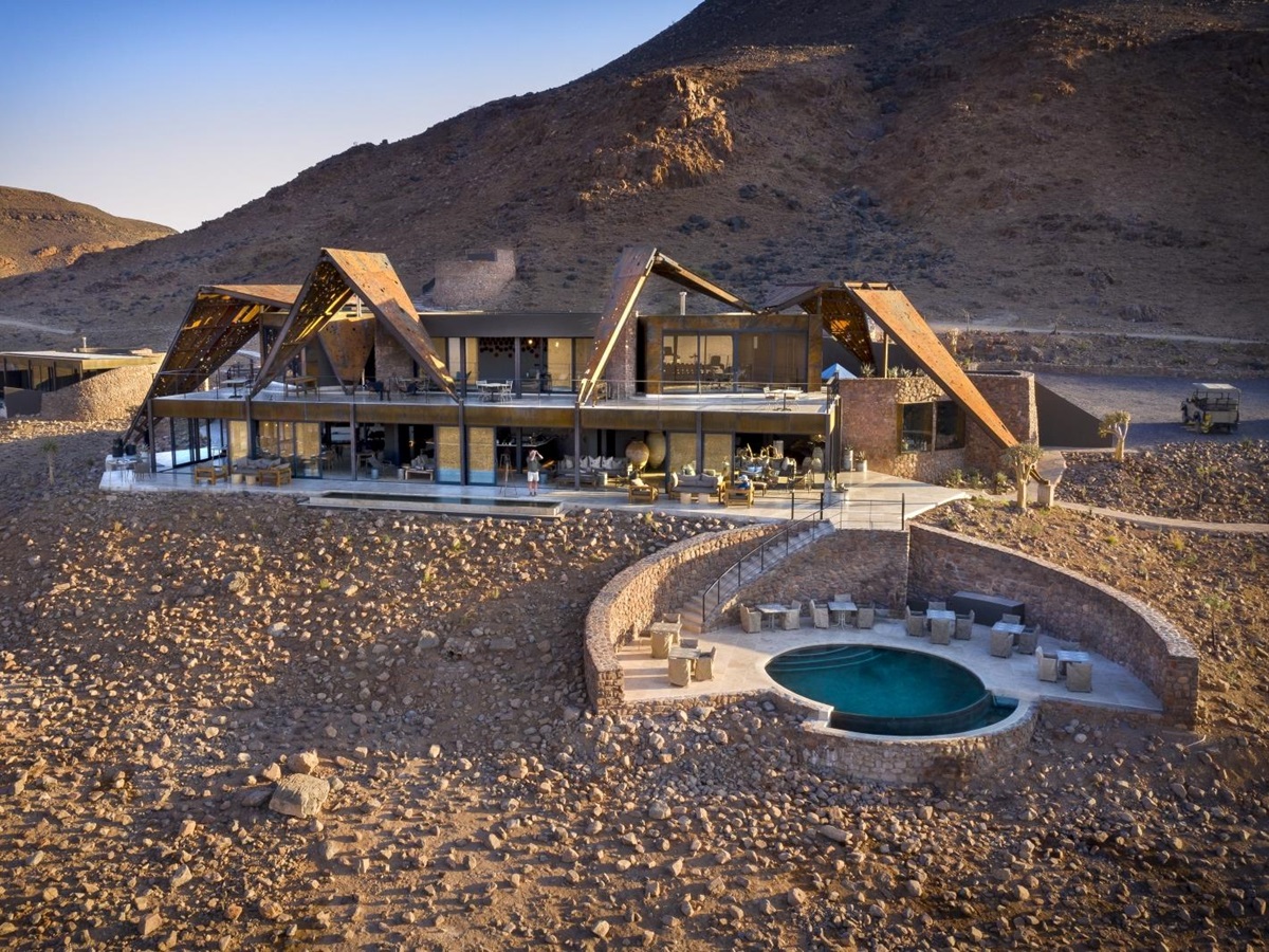 Aerial View of the main lodge at sunrise