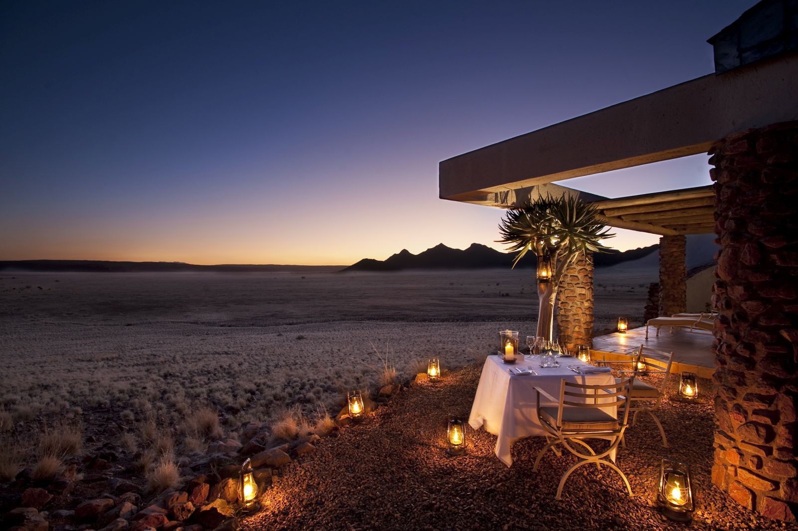 Dining at night at AndBeyond Sossusvlei Desert Lodge in Namibia 