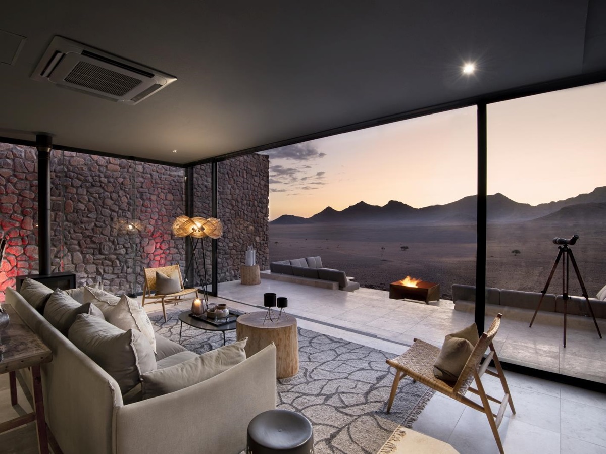 Lounge area with veranda at sunset