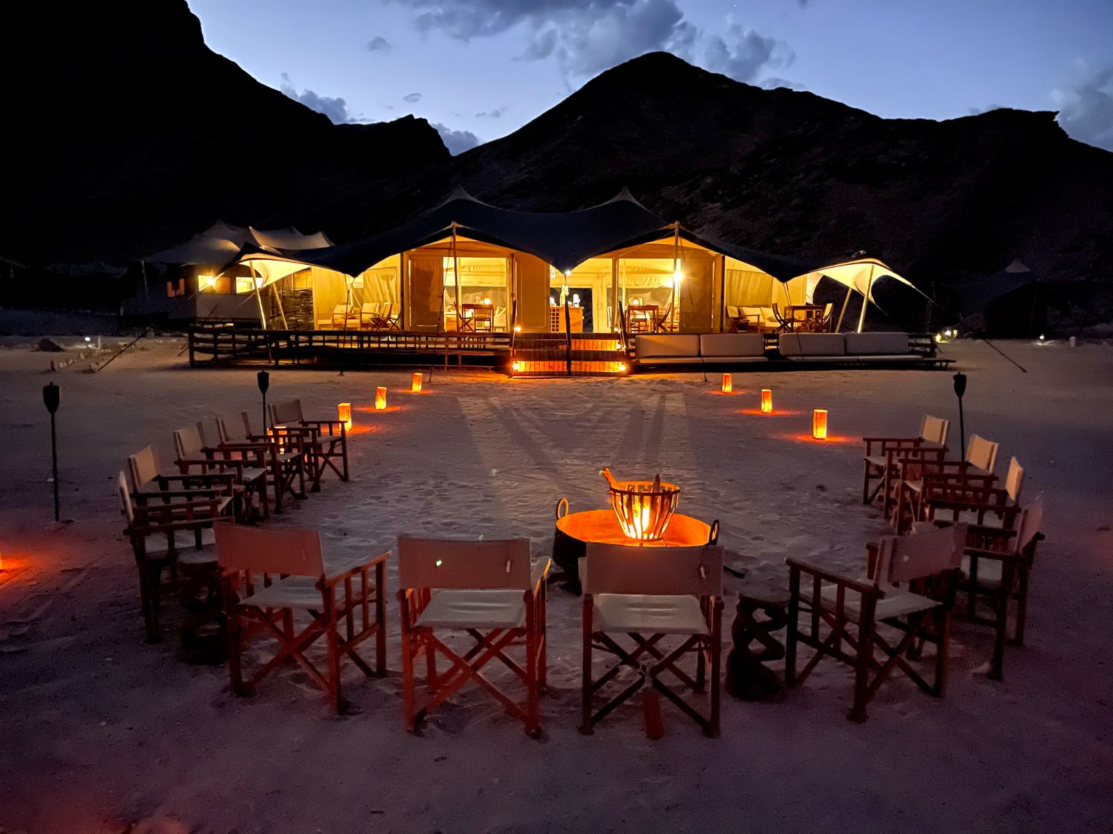 Camp fire at luxury lodge Hoanib Valley Camp in Namibia