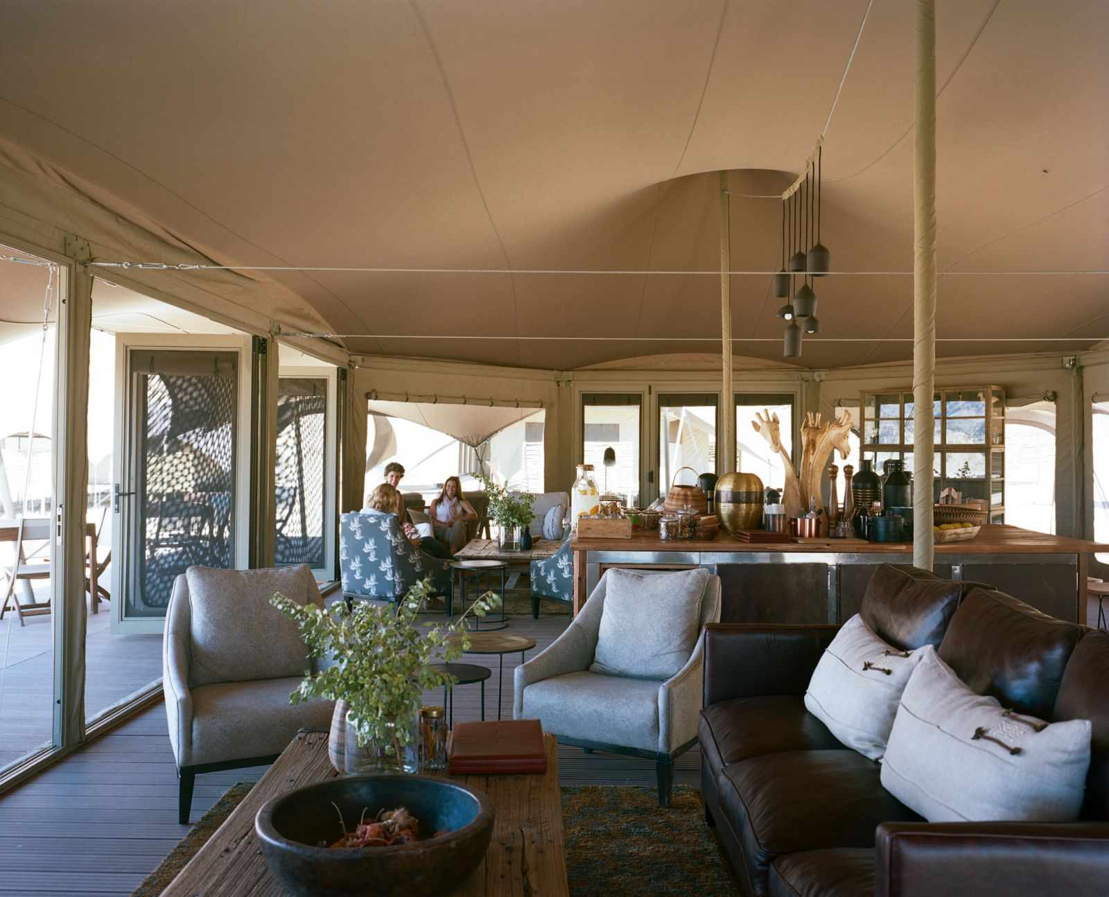 Interior view of the main area at Hoanib Valley Camp in Namibia  