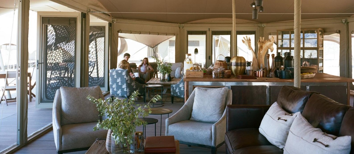 Interior view of the main area at Hoanib Valley Camp in Namibia  