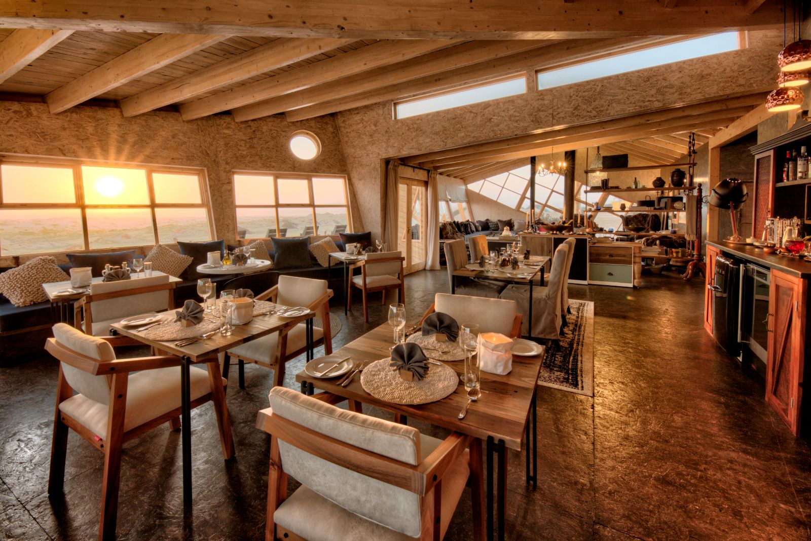 The dining area of luxury lodge Shipwreck Lodge in the Skeleton Coast National Park, Namibia