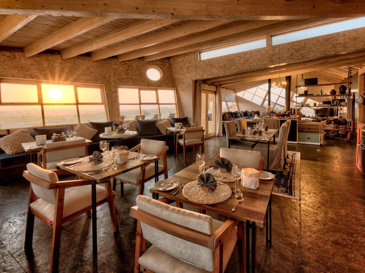 The dining area of luxury lodge Shipwreck Lodge in the Skeleton Coast National Park, Namibia