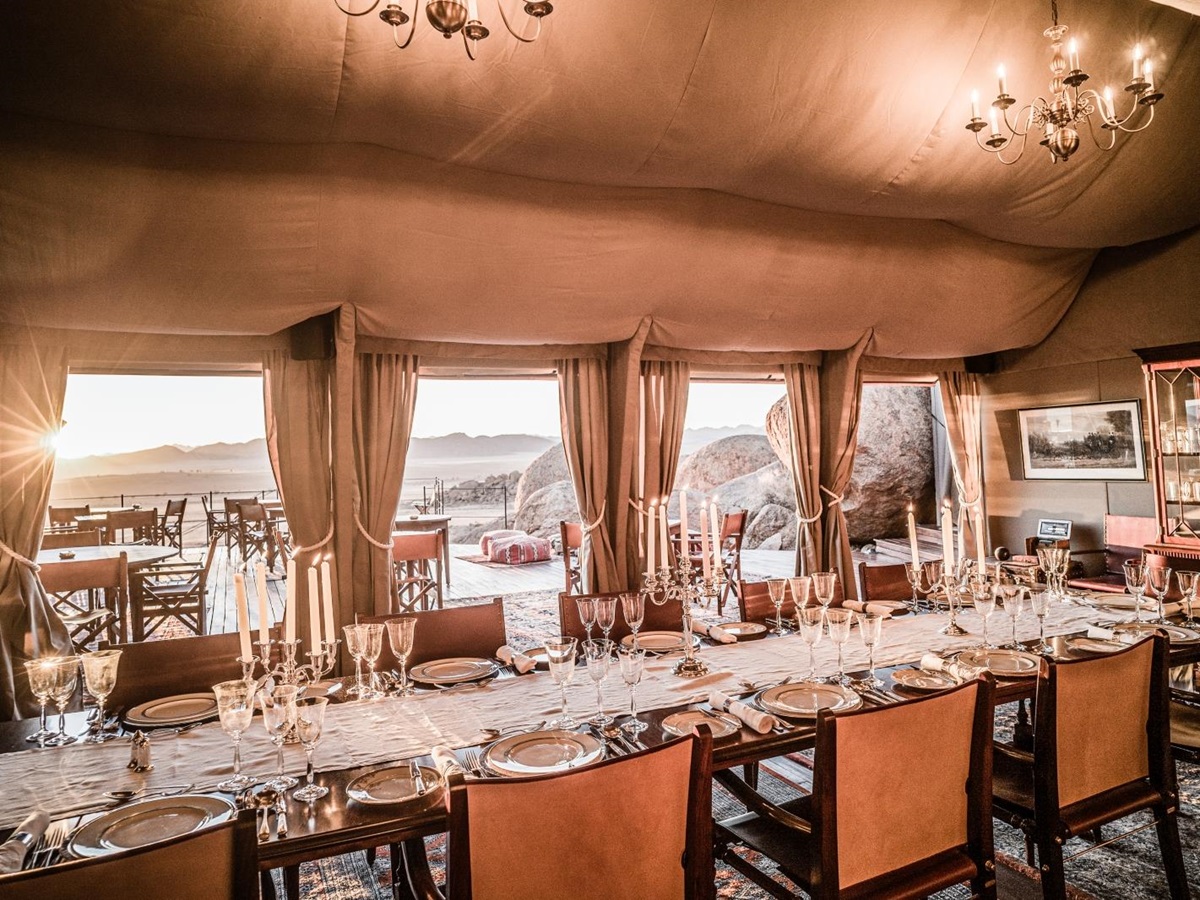the dining tent set up for dinner