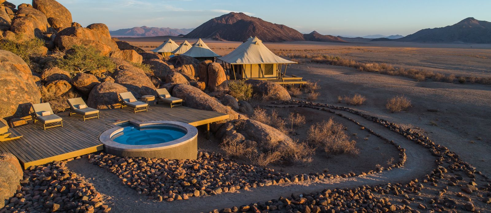 Birds eye view of pool at Wolwedans Boulders Camp in Namibia 
