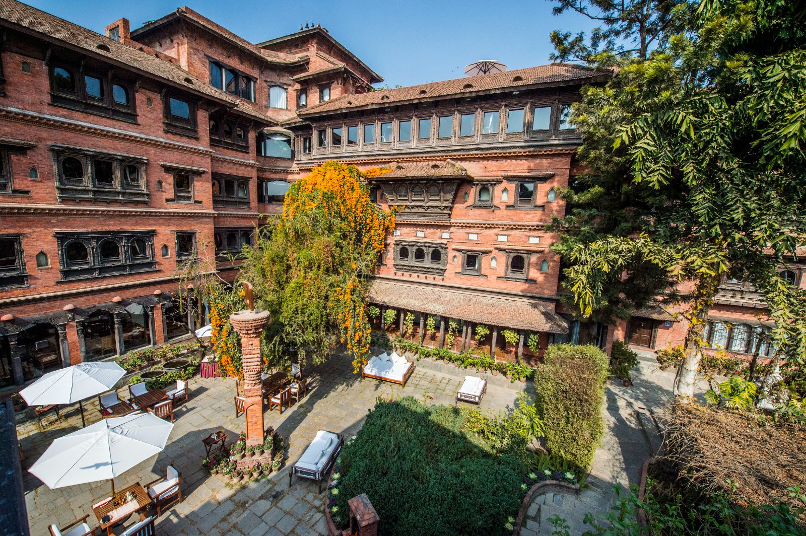 Aerial view of the courtyard and walls of Dwarika's Hotel in Kathmandu