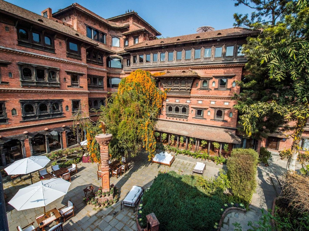 Aerial view of the courtyard and walls of Dwarika's Hotel in Kathmandu