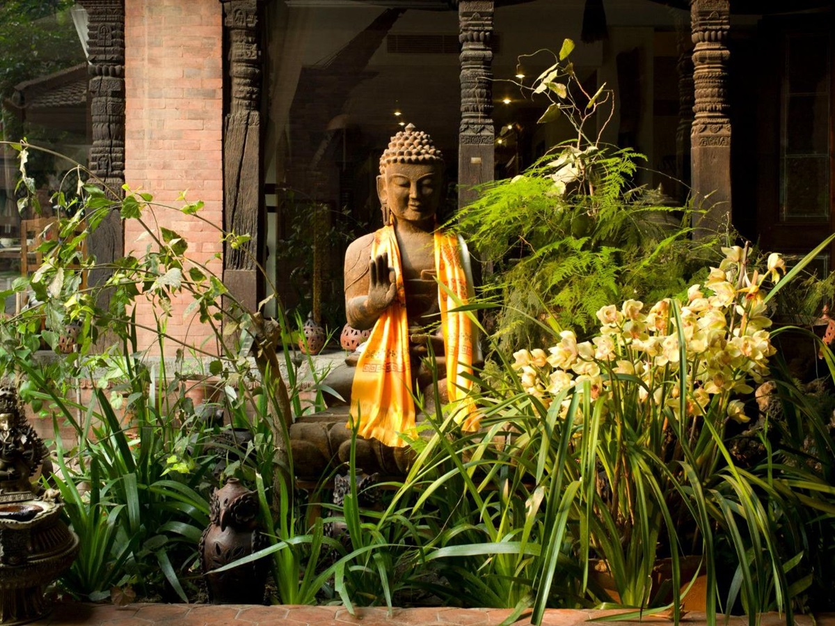 A Buddha statue in the gardens of Dwarika's Hotel in Kathmandu
