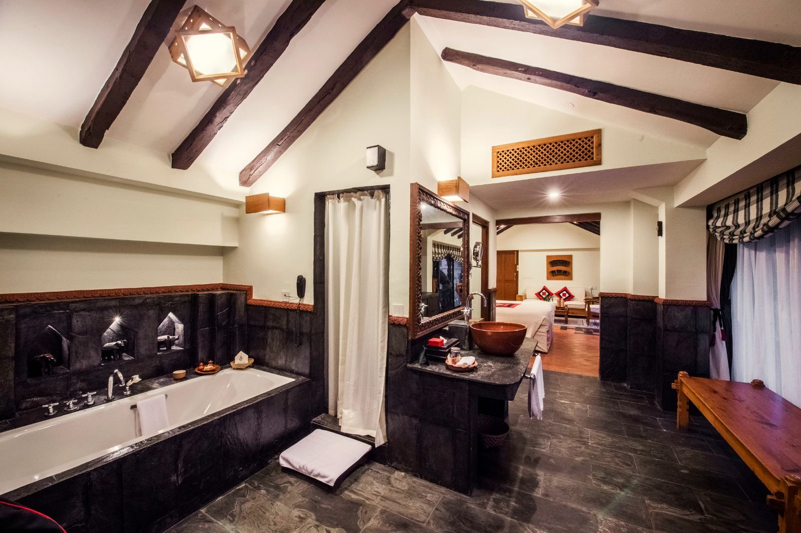 Junior suite bathroom at Dwarika's Hotel in Kathmandu