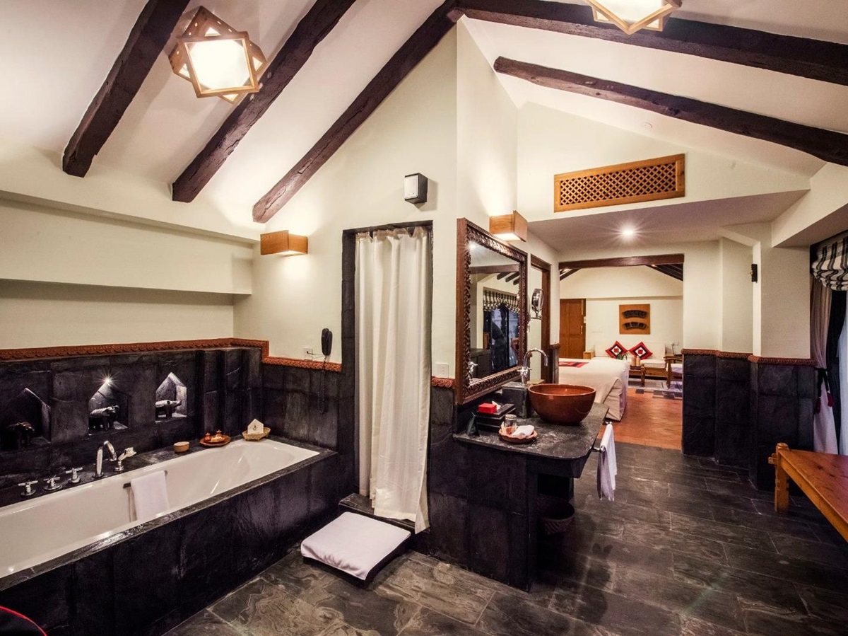 Junior suite bathroom at Dwarika's Hotel in Kathmandu