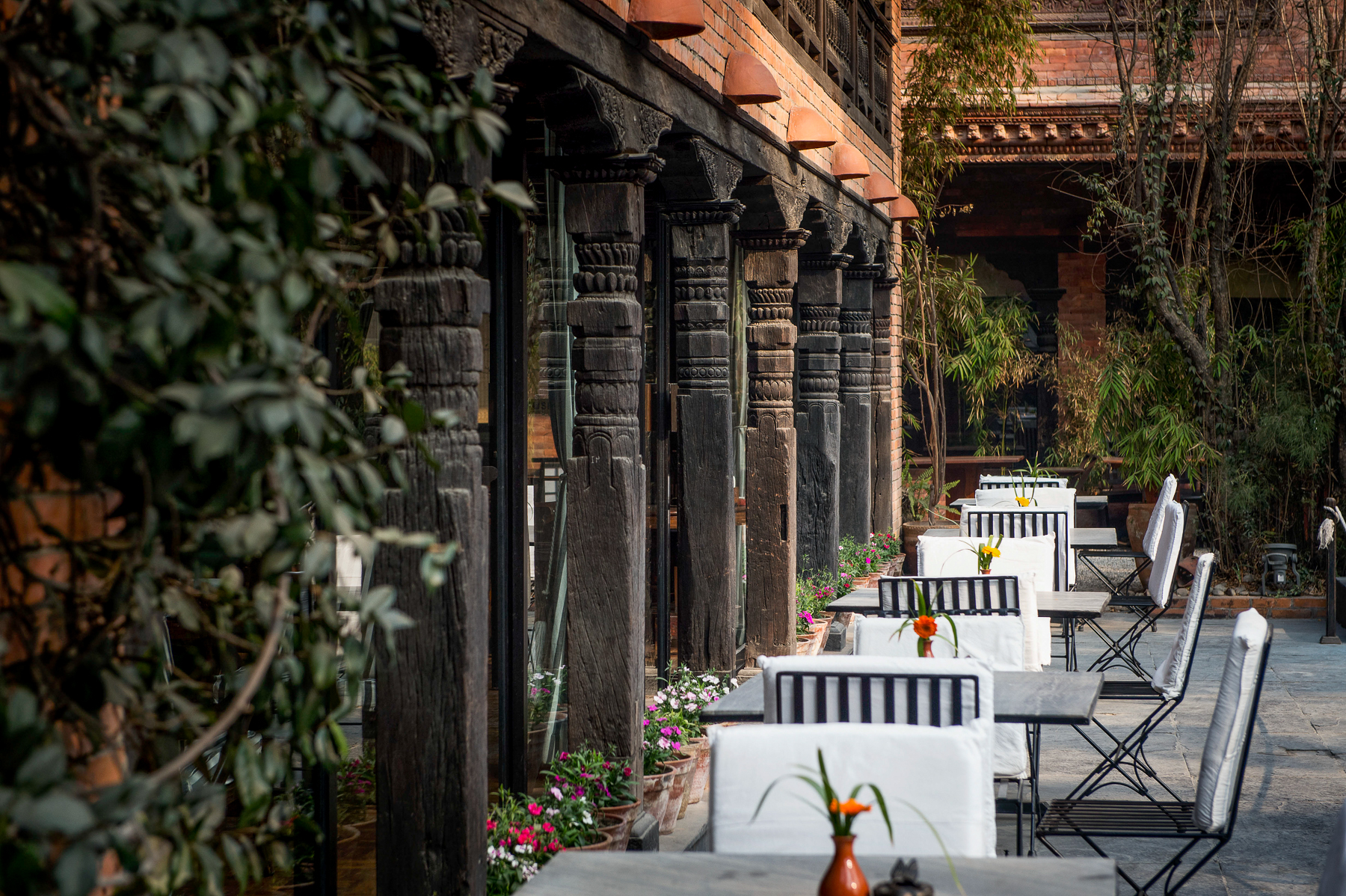 Outdoor dining at Dwarikas Hotel in Nepal