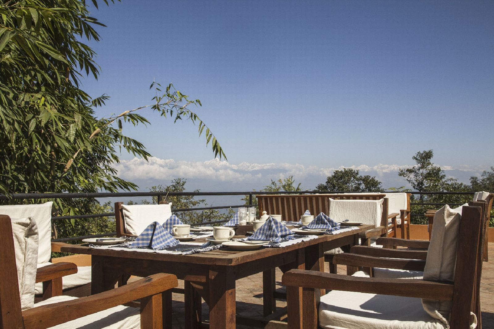 Outdoor dining with mountain views at Dwarika's Resort Dhulikhel Nepal