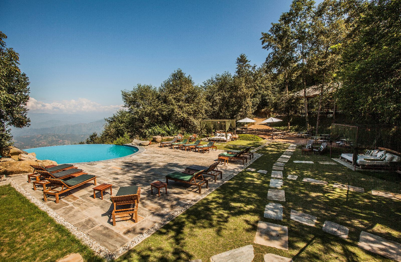 The infinity edge pool at Dwarika's Resort Dhulikhel Nepal