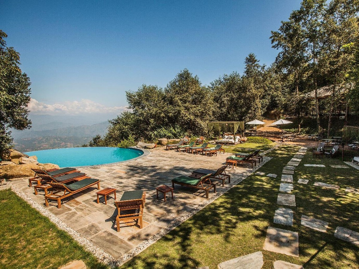 The infinity edge pool at Dwarika's Resort Dhulikhel Nepal