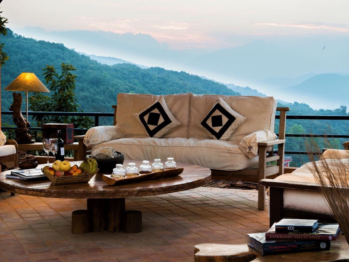 Outdoor terrace at Dwarika's Resort Dhulikhel Nepal