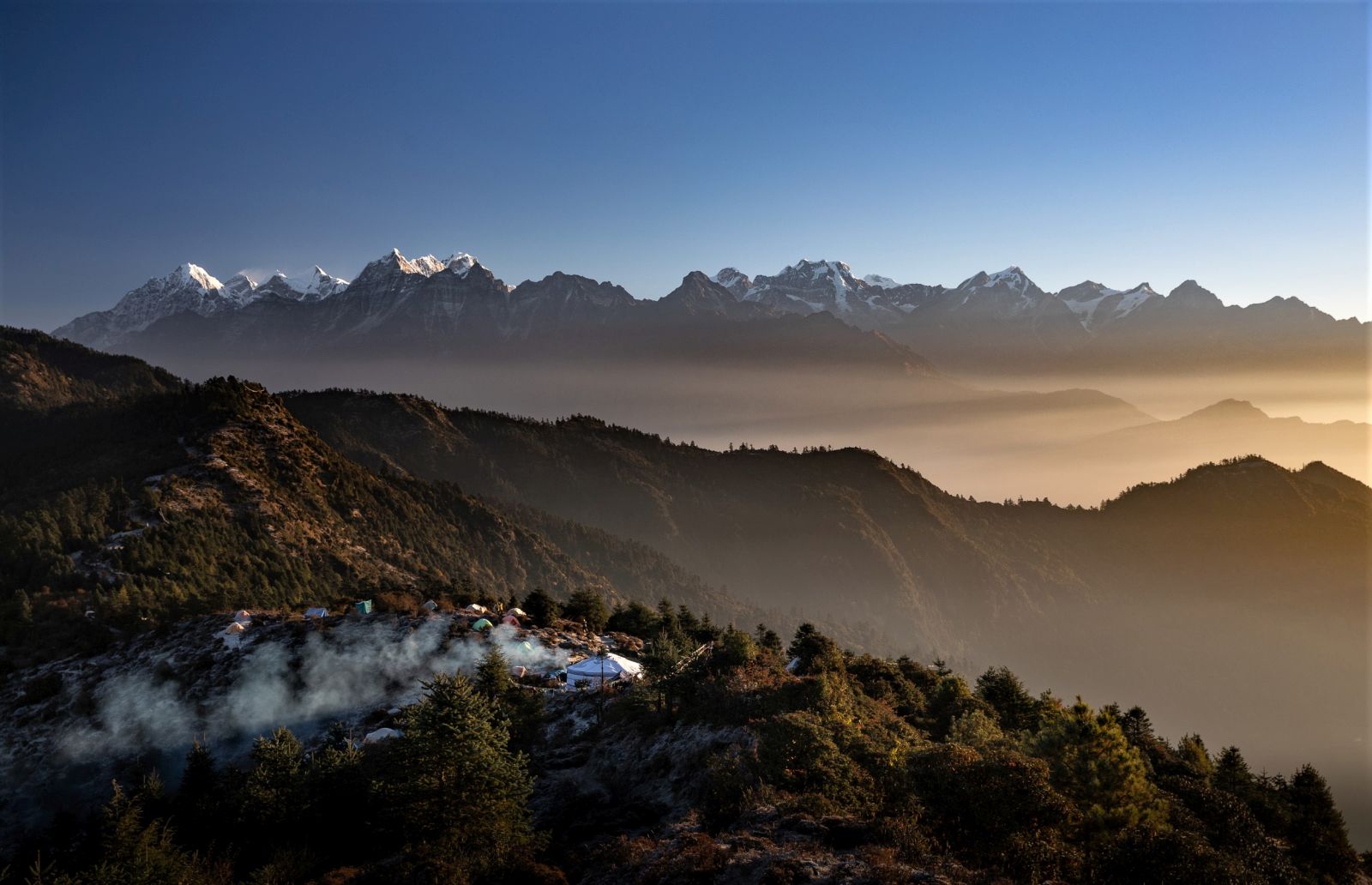 Aerial shot of the camp site and veiws of the himalayas