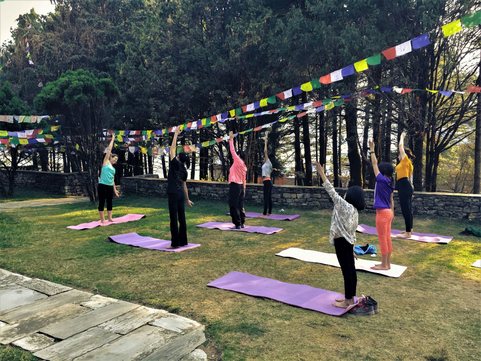 Group of people practicing yoga in the garden
