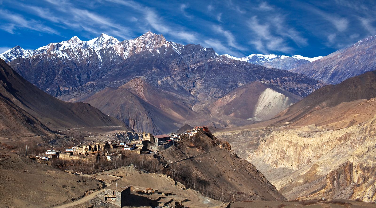 Mountain panorama and Jharkot in Mustang, Nepal